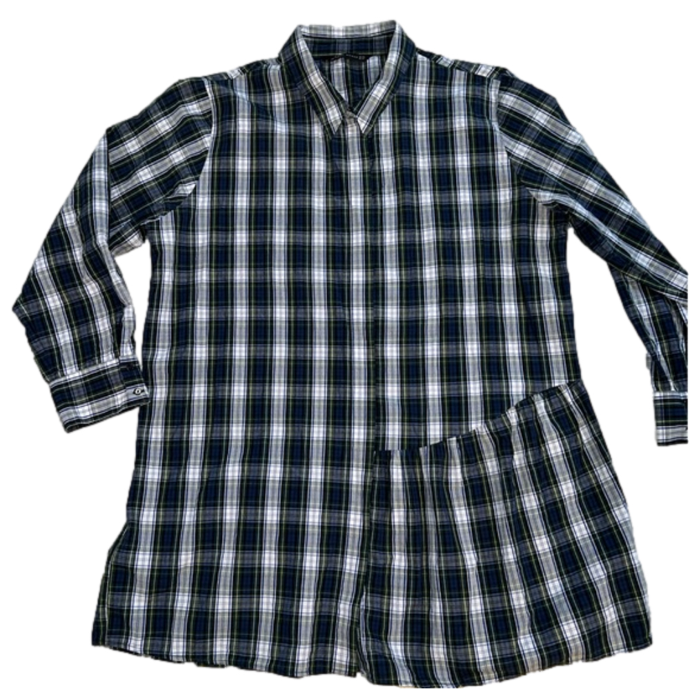 Zara Woman navy/green plaid long sleeved button front blouse, size XXL EUC